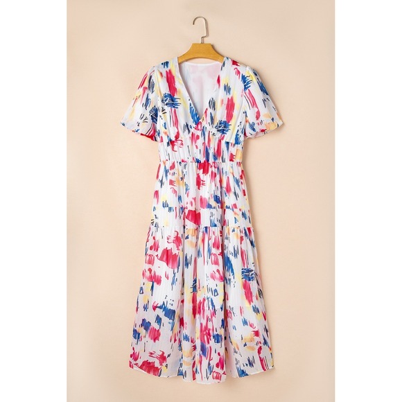 Dresses & Skirts - Womens LARGE Maxi Dress Abstract Print Short Puff Sleeve Tiered NWT Colorful